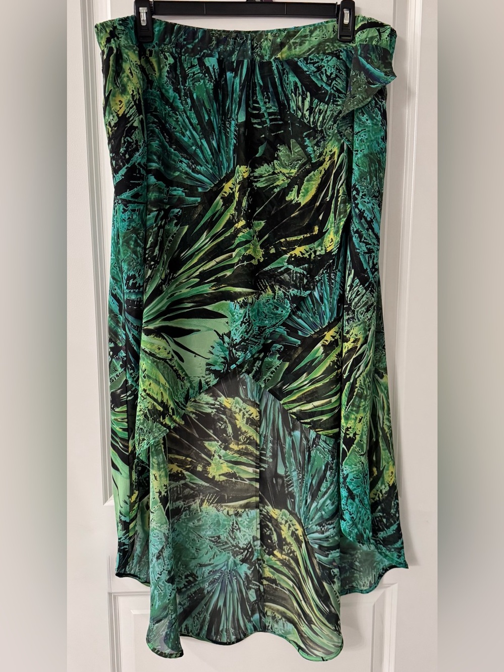 #6016 - a.n.a. A New Approach Tropical Black Multi Hi-Lo Faux Wrap Chiffon Skirt
